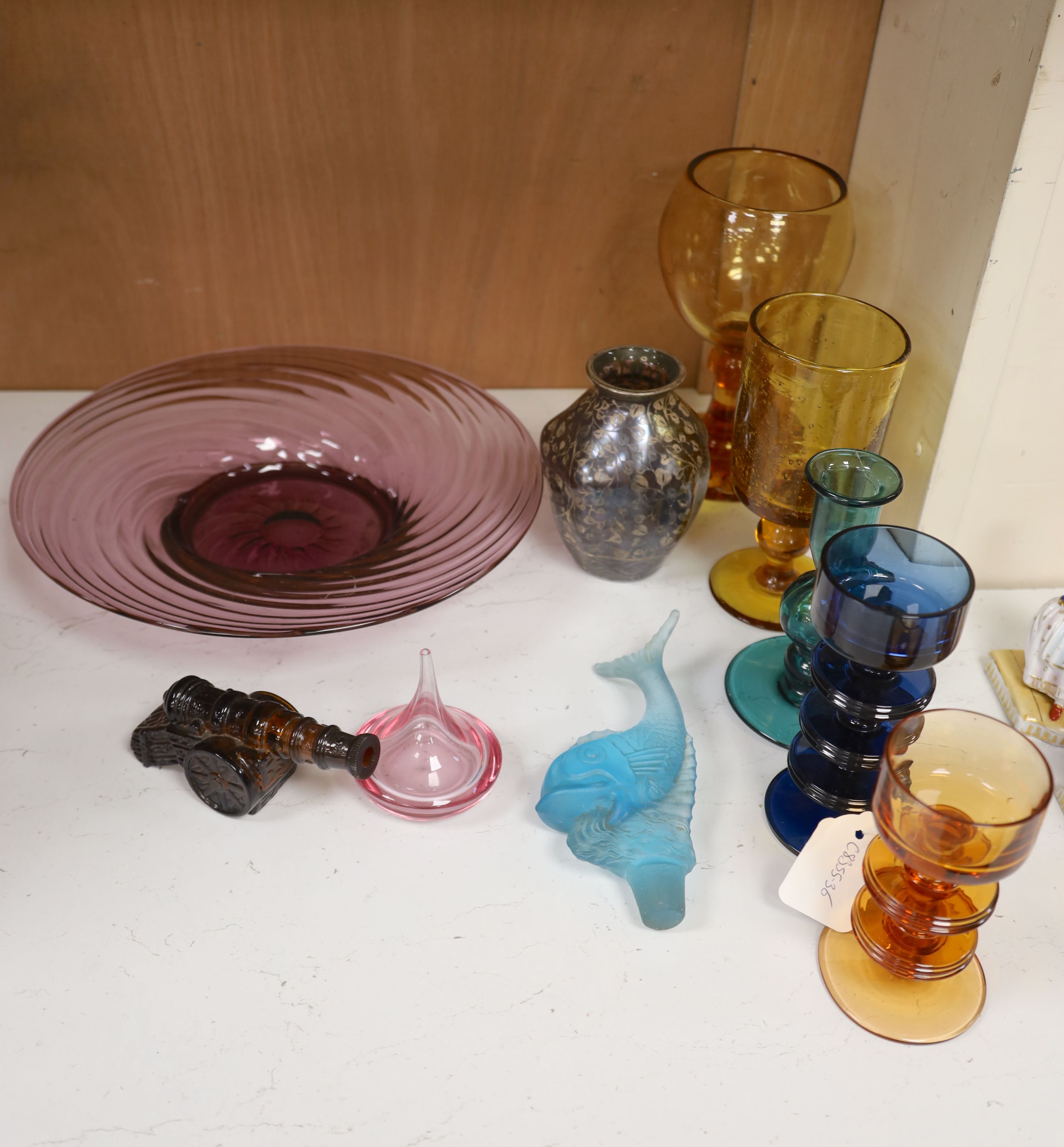 A small quantity of coloured glass including Whitefriars and Wedgwood, tallest 29.5cm